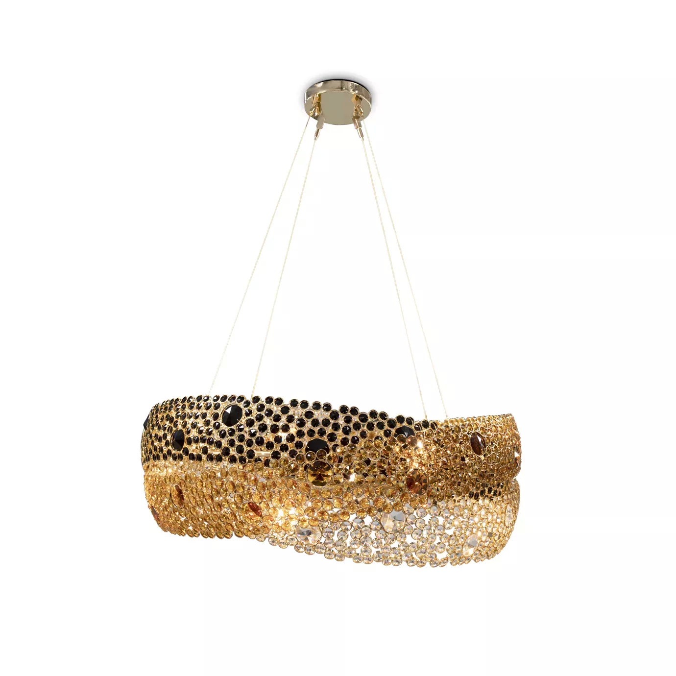 A modern Trinity Chandelier, a circular gold and black crystal chandelier, hangs elegantly against a white background.