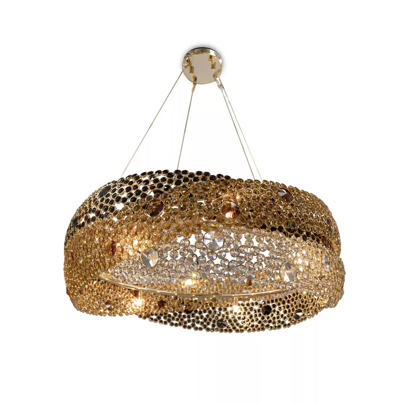 A striking Trinity Chandelier, a round gold and black crystal chandelier, illuminated on a white background.