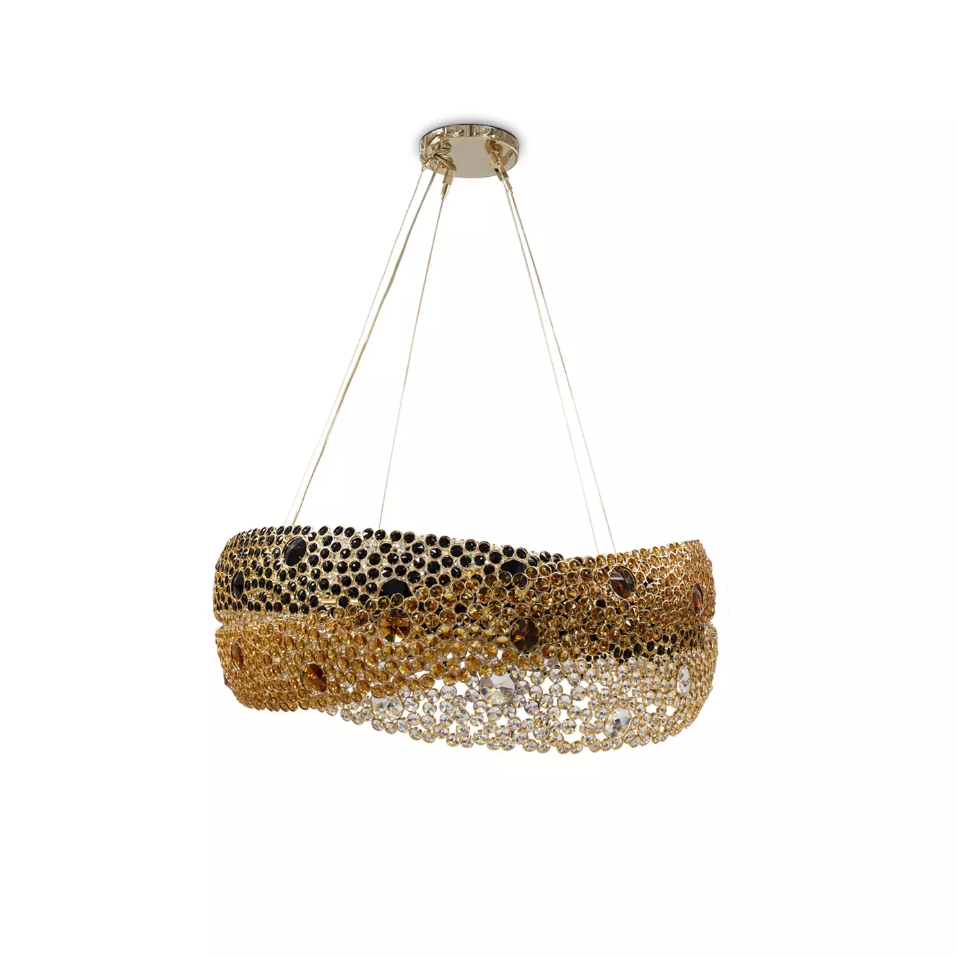 A dazzling Trinity Chandelier composed of intertwined rings of clear, amber, and black crystals, each wrapped in gold brass circles.