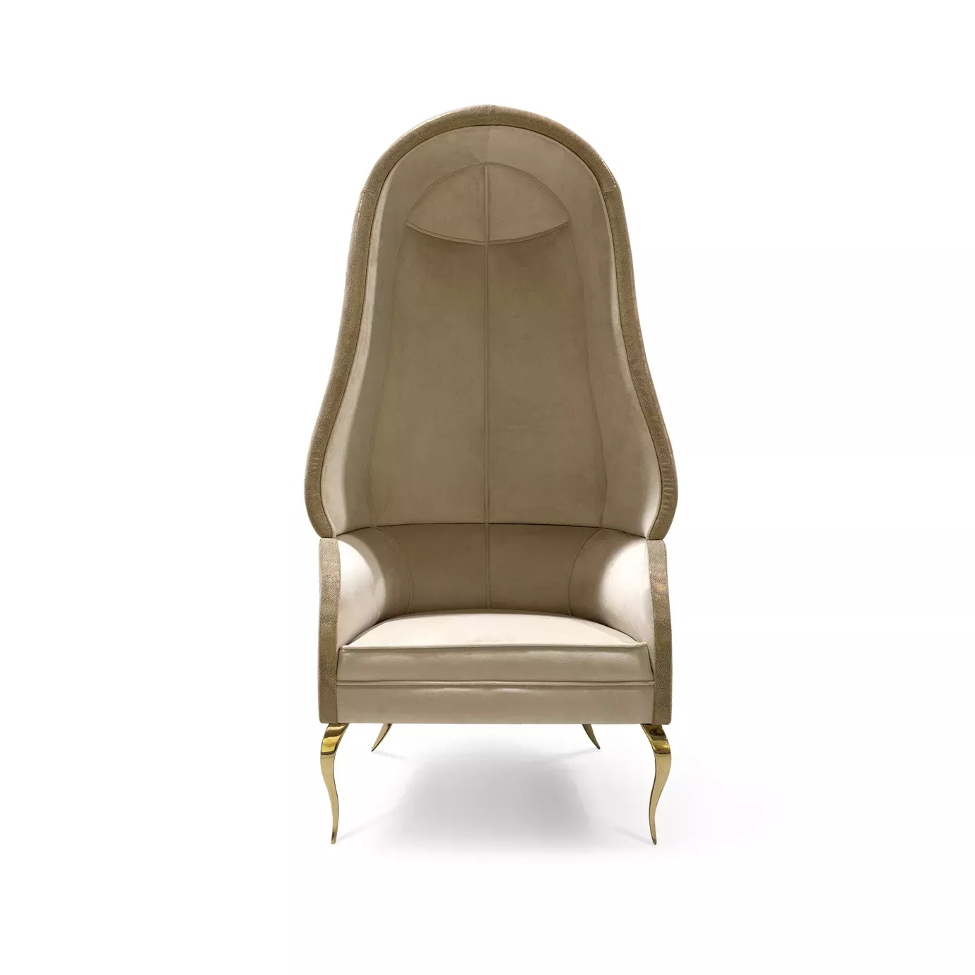 A luxurious Drapesse Leather Back Chair in beige, featuring a towering, curved backrest and slender golden legs, viewed from the front.