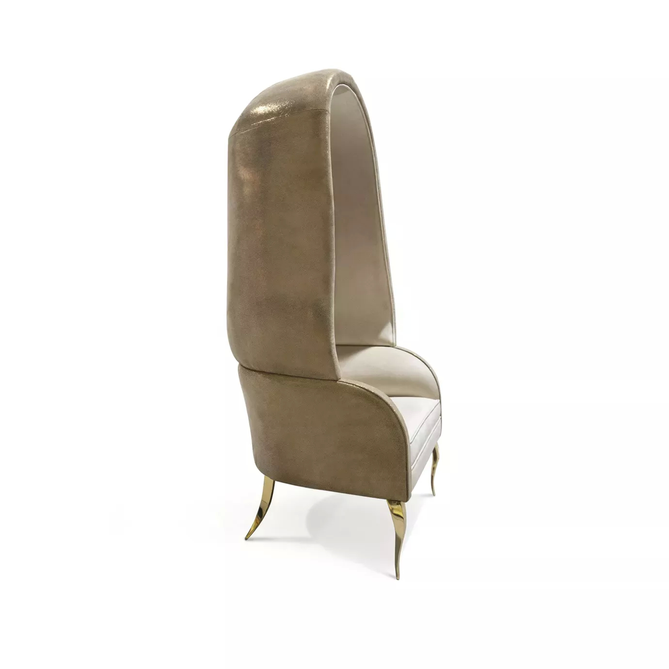A side view of the Drapesse Leather Back Chair, showcasing its high, arched leather back and sleek golden legs.