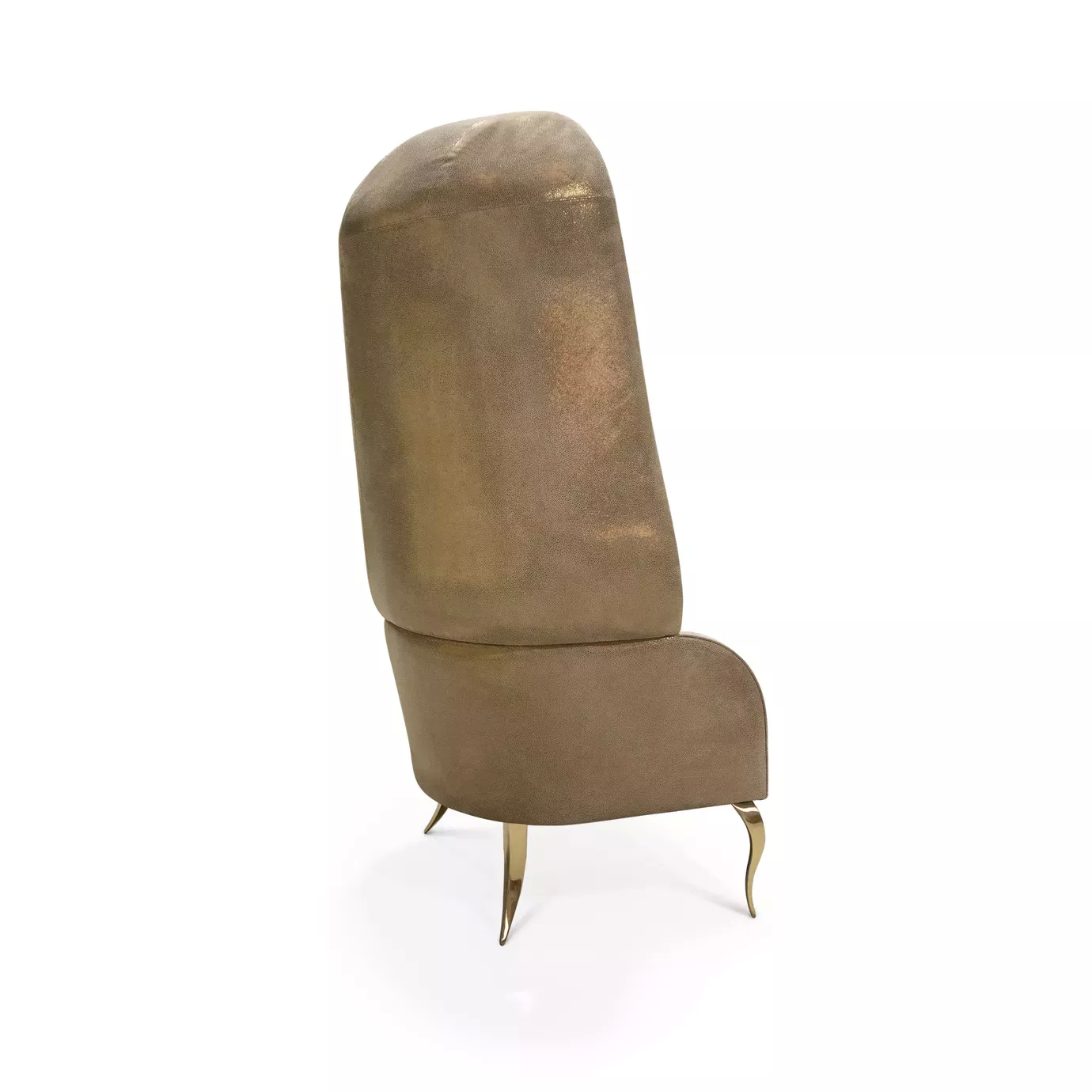 A back view of the Drapesse Leather Back Chair, highlighting its tall, curved leather backrest and elegant golden legs.