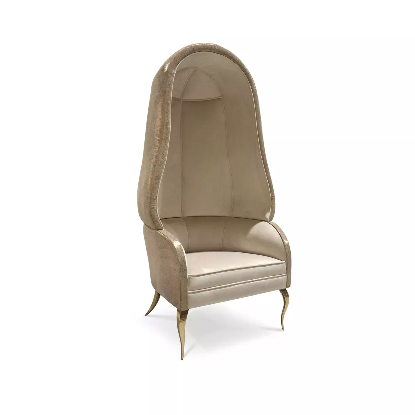 A beige Drapesse Leather Back Chair, featuring a high, enveloping leather backrest and elegant gold-tipped legs.