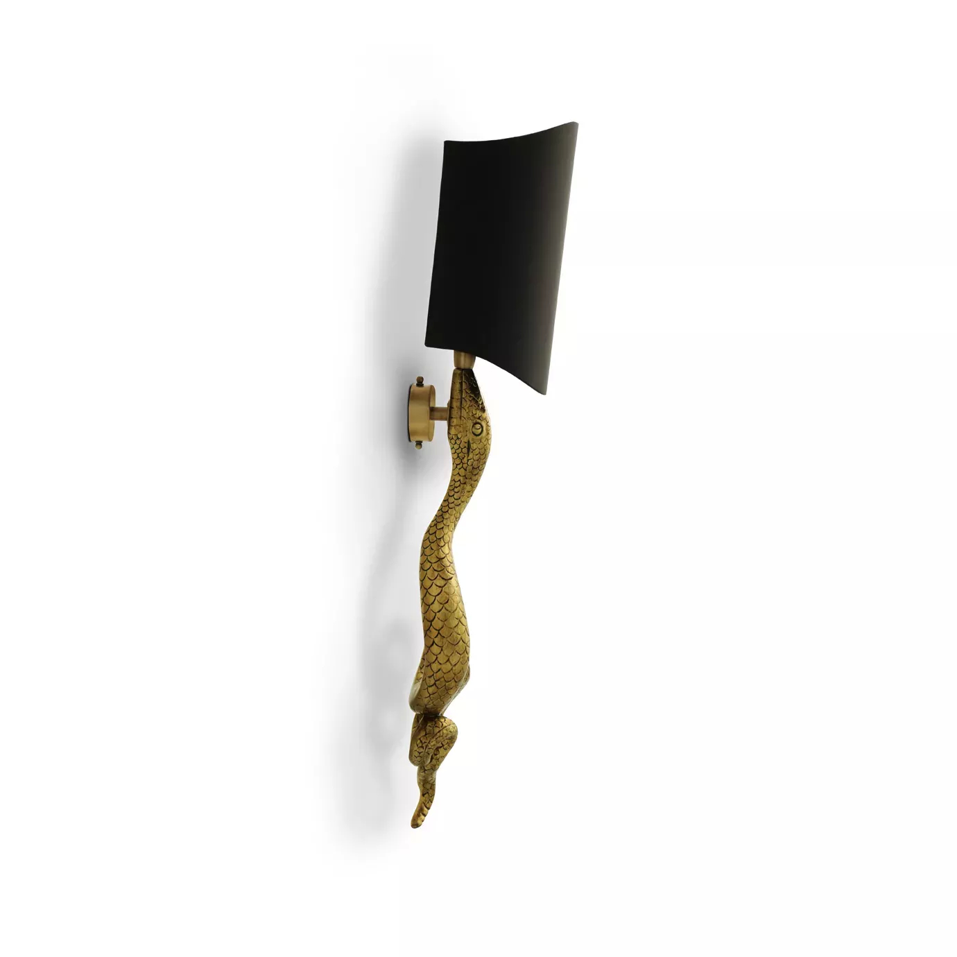 Serpentine Sconce, an ornate wall lamp featuring a coiled gold snake base and a sleek black shade, angled on white.