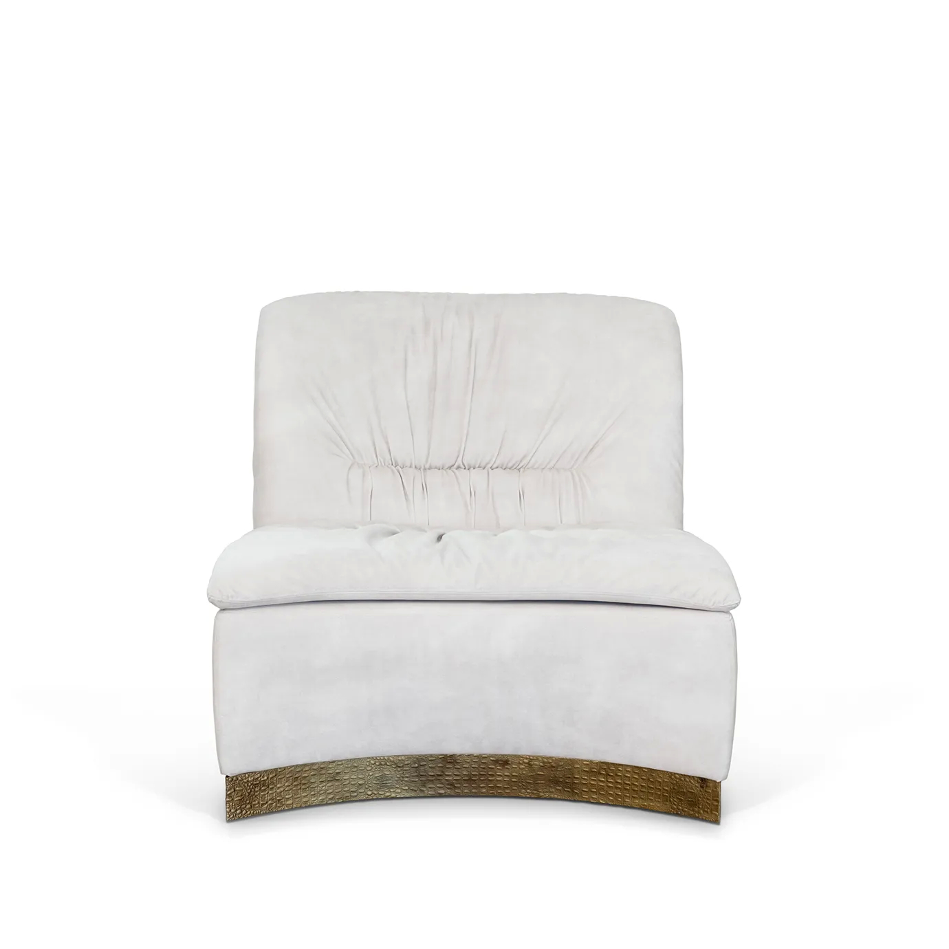 A front view of the Cleopatra Lounge Chair, featuring a white upholstered seat and a distinct curved wooden base.