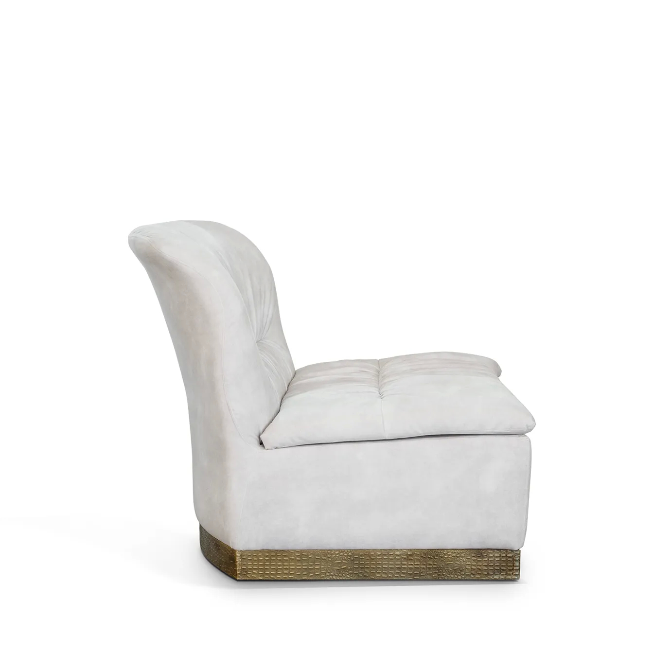 A side view of the Cleopatra Lounge Chair, featuring a white upholstered seat and a distinct curved wooden base.
