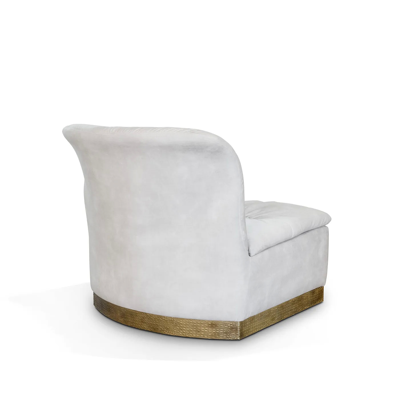 A white Cleopatra Lounge Chair with a unique curved wooden base, viewed from a slightly angled rear perspective.