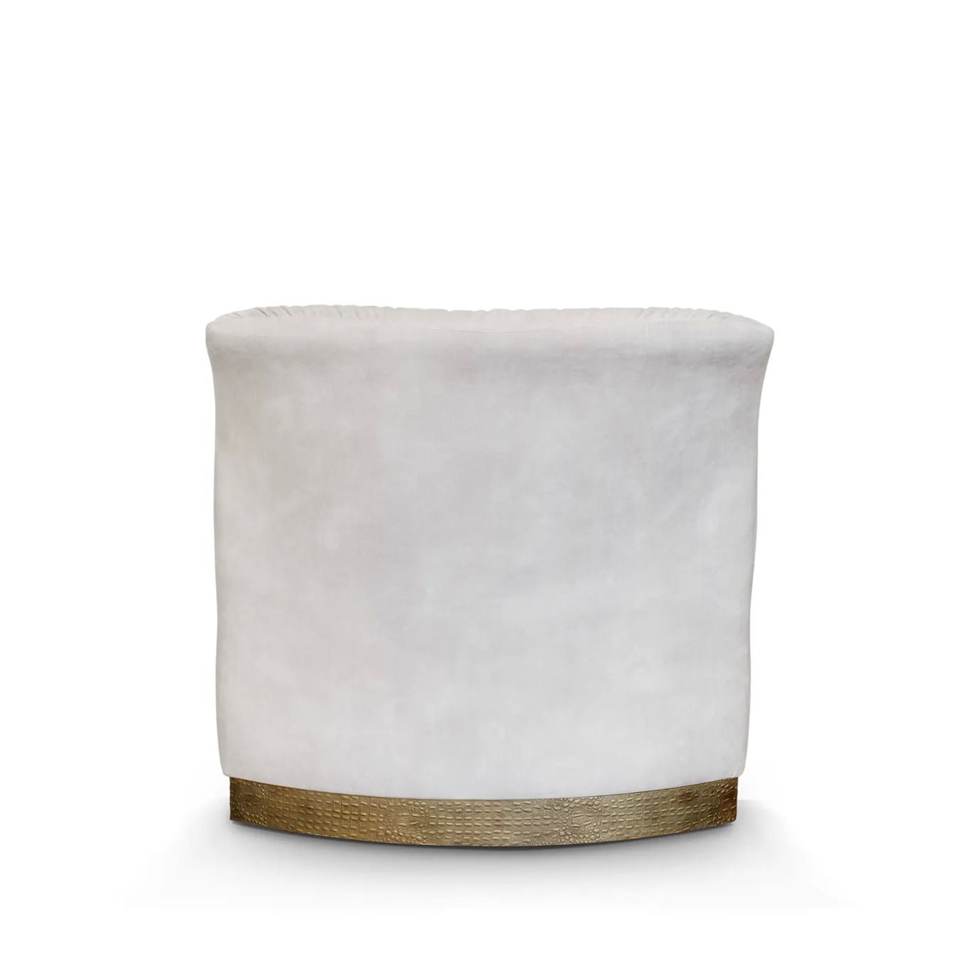 A back view of a white Cleopatra Lounge Chair with a textured gold base, on a white background.