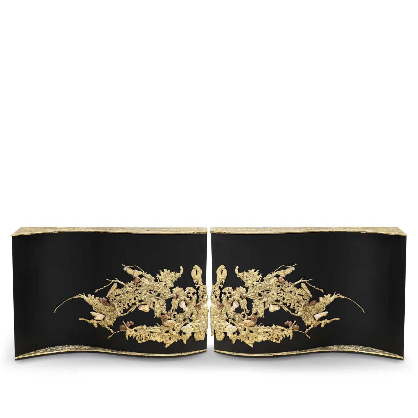 Front view of the Empress Console by KOKET, featuring a curved black wood structure with cast brass details and amber crystal inlays.