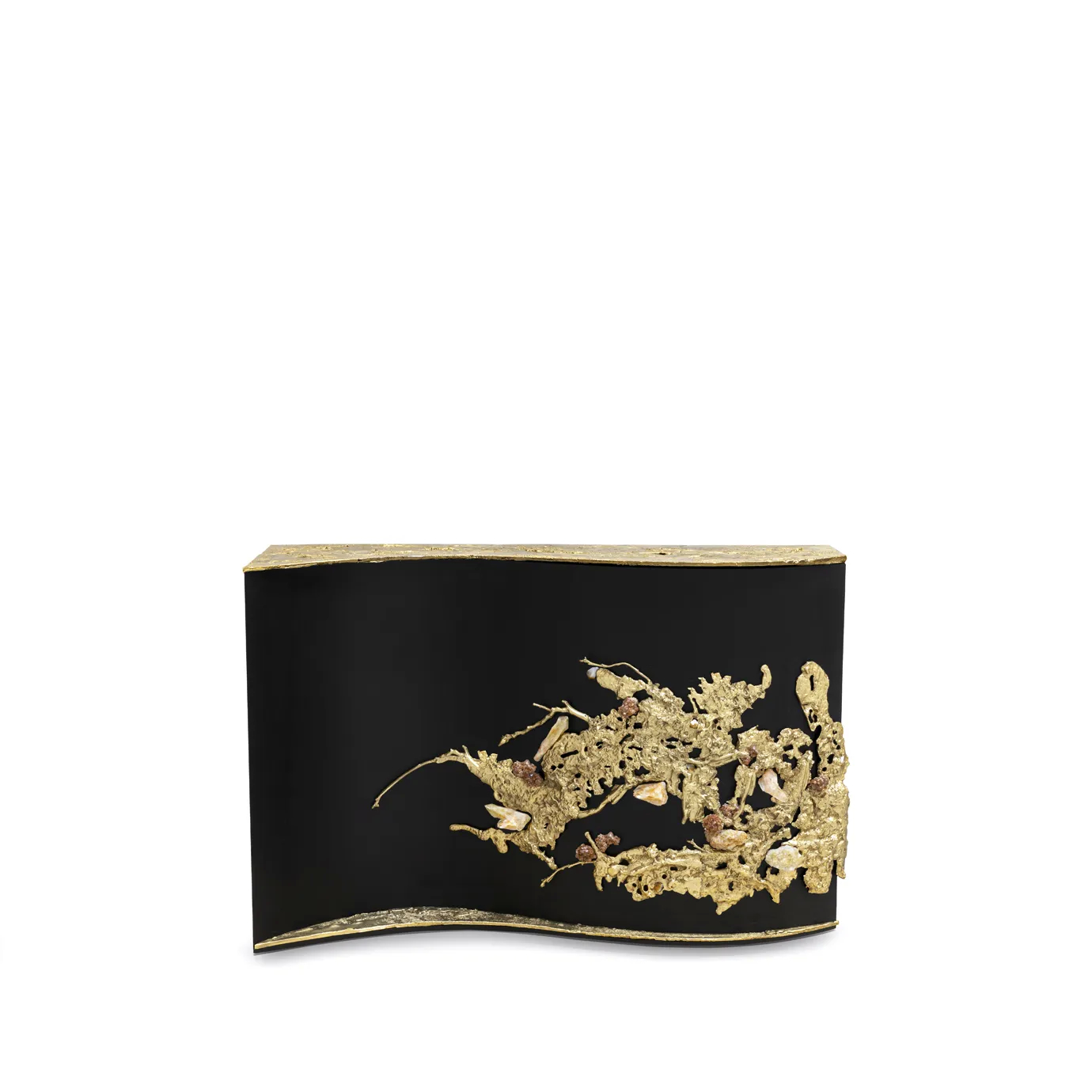 Side view of the Empress Console, highlighting the elegant black wood curves and sculptural brass and crystal details.