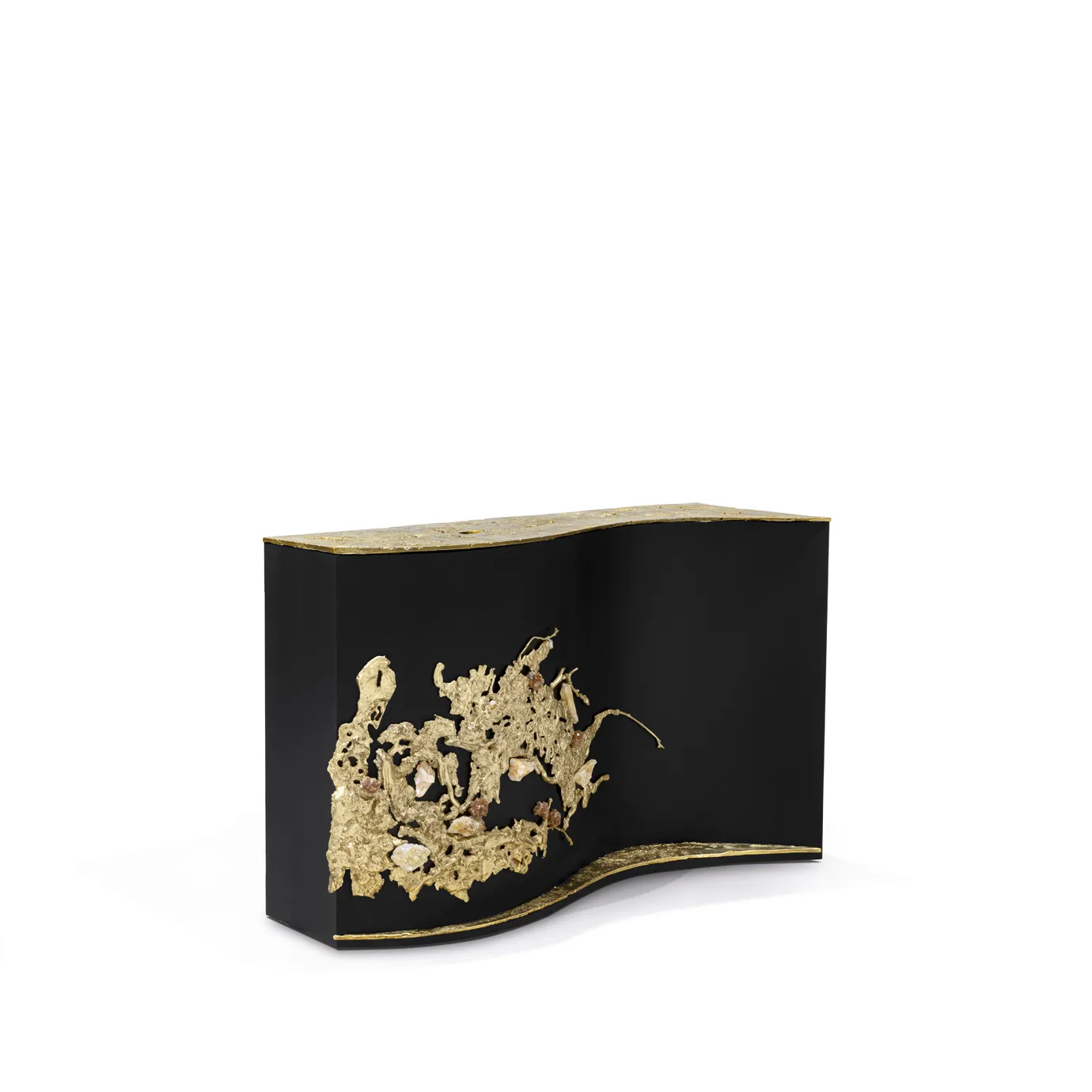 Front-facing view of the Empress Console by KOKET, featuring a black lacquered wood body with a sculptural cast brass front embedded with natural crystals.