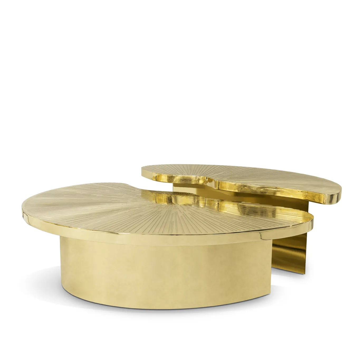 Elegant polished brass Myth Coffee Table in golden hues, featuring a round shape and two sections of different heights.