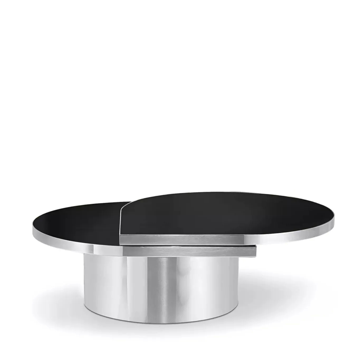 Cocktail table, with teardrop-shaped glass top and silver metallic base.