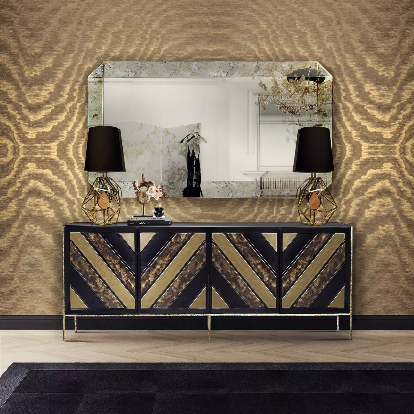 Black and gold Opium Cabinet in a luxurious setting with Tamara mirror and Gem table lamps.