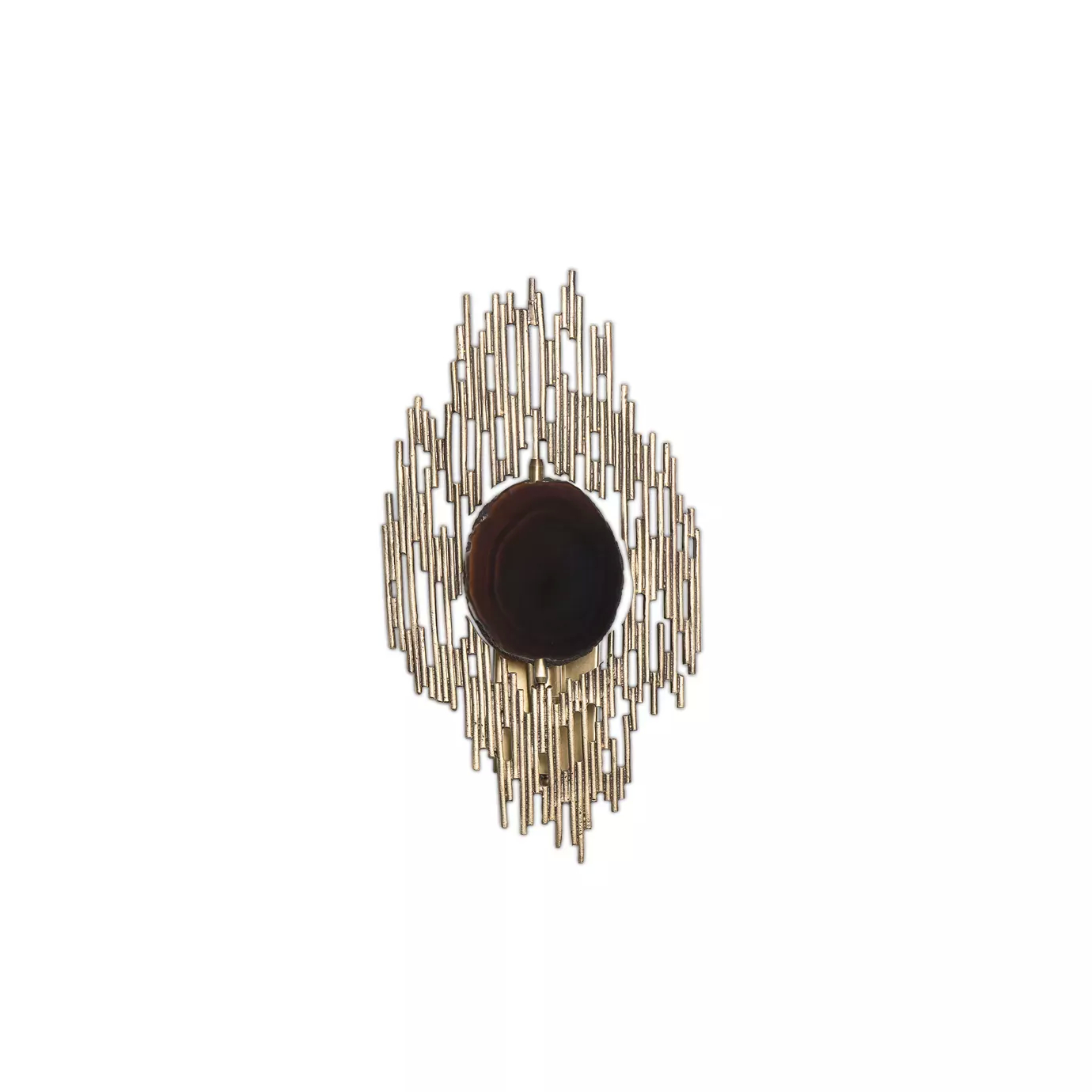 Elegant Vivre Sconce with a sculptural design in golden tones and a dark, shiny oval agate central element.