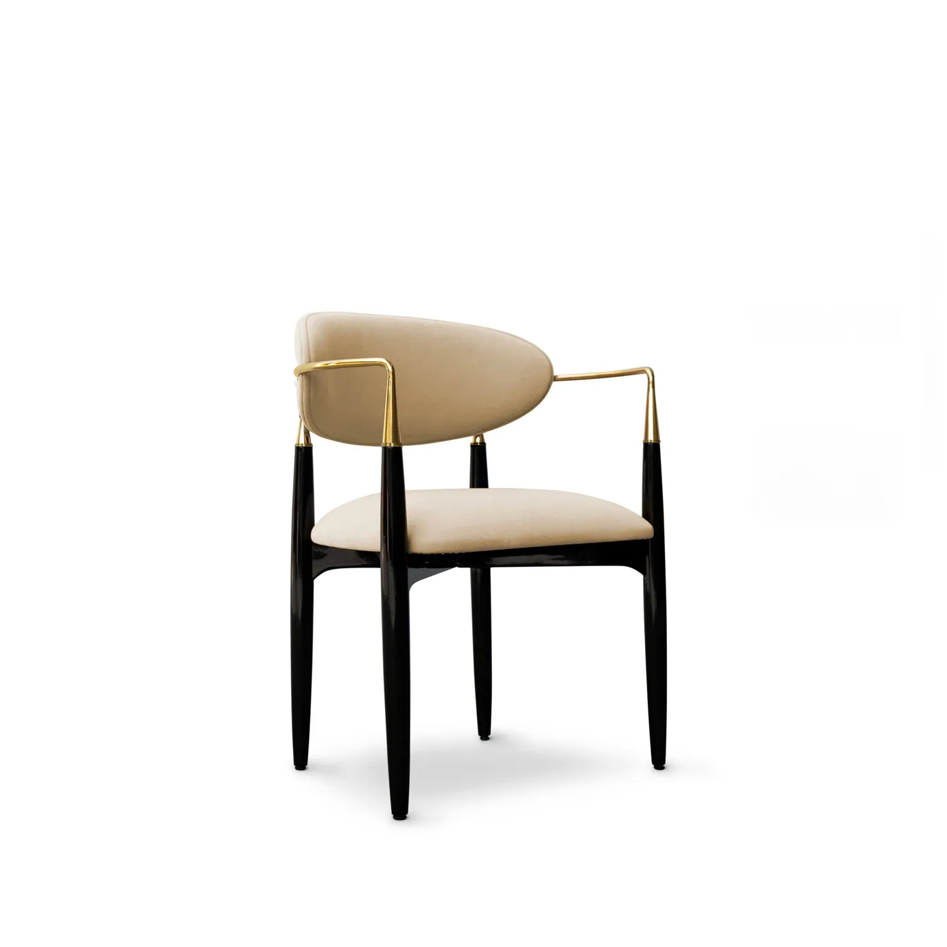 Nahéma Chair features a black frame contrasted by a cream velvet upholstery and adorned with luxurious golden accents.