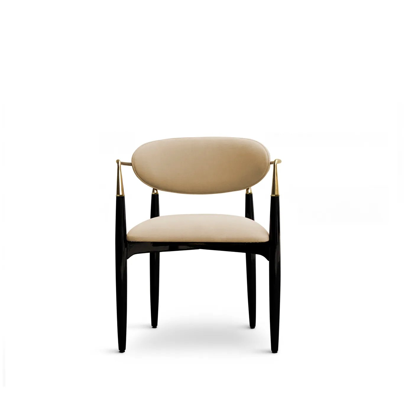 Nahéma Chair: contrasting with its black structure, the chair has velvet upholstery in creamy tones, with luxurious golden details.