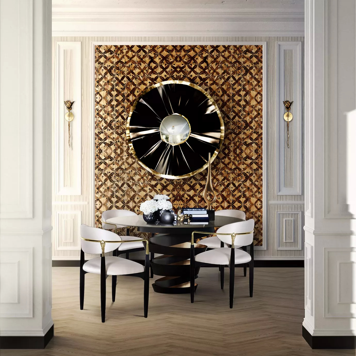A modern dining room scene featuring four elegant Nahéma Chairs in white tones upholstery and golden frame around a glass table in dark shades. A decorative wall panel with a mirror is set on the background.