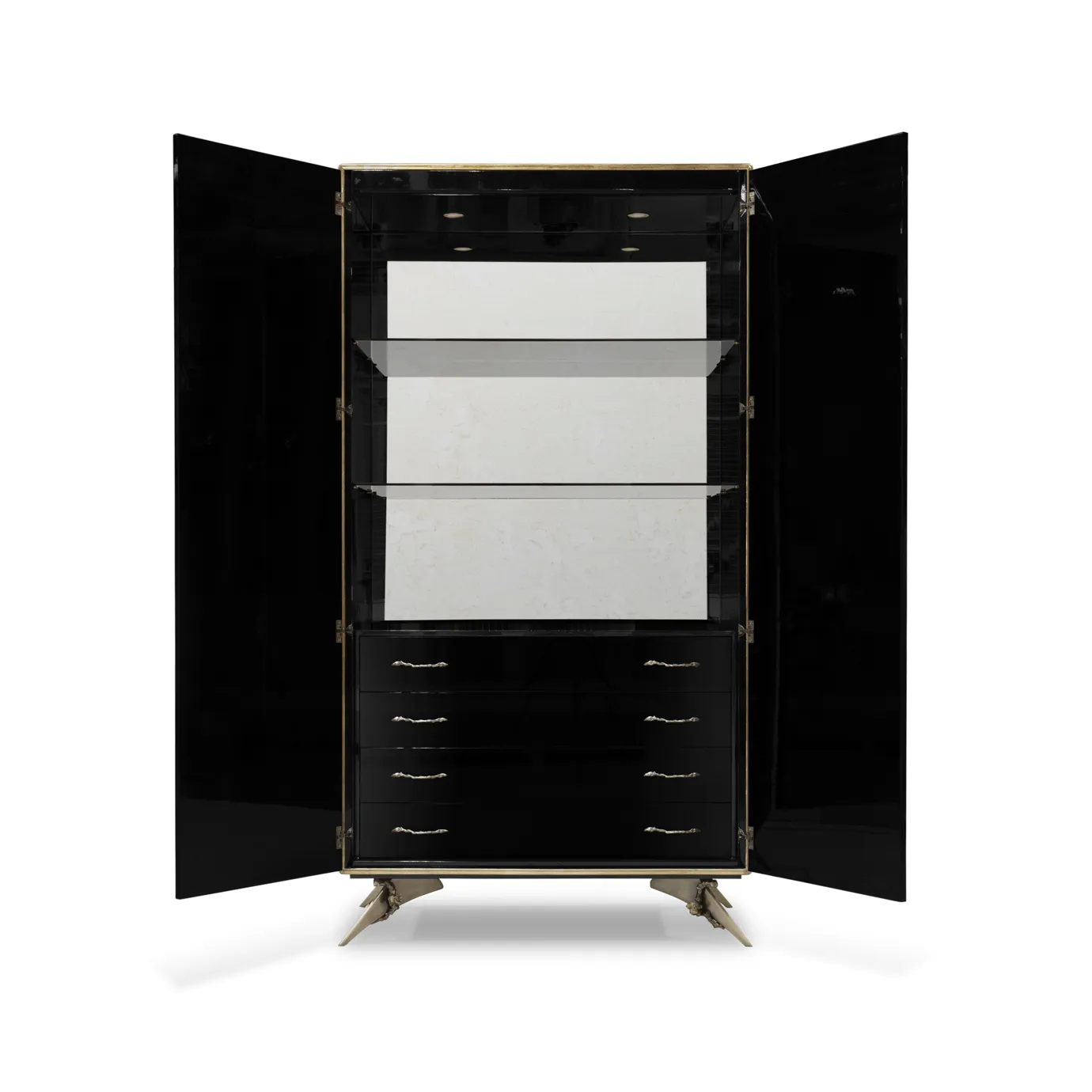 An interior of the Spellbound Lacquer Armoire, revealing its shelves and drawers, accentuated with golden details such as the handles and an aged mirror on the back panel.