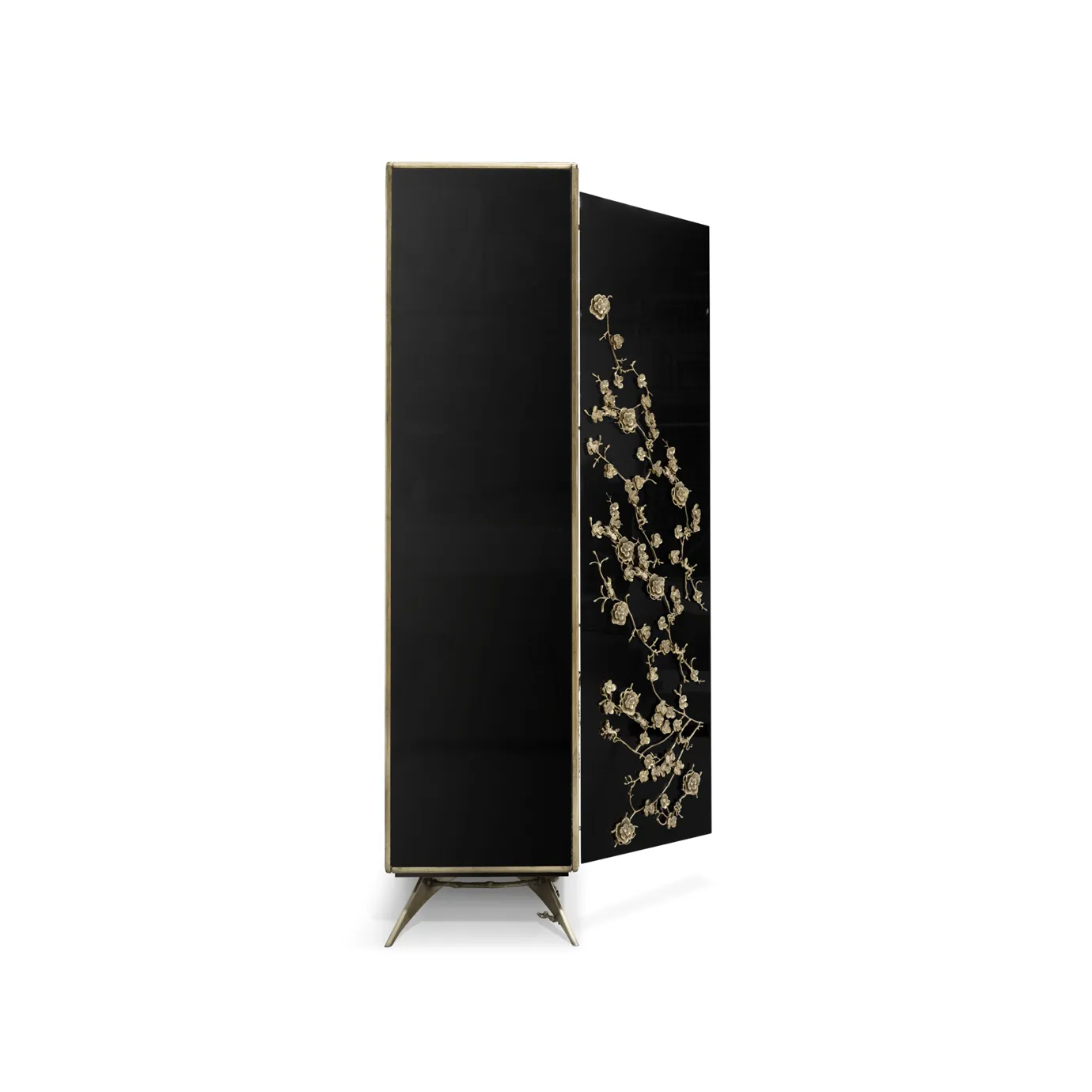 Spellbound Lacquer Armoire seen from the side, showcasing its black gloss lacquer.
