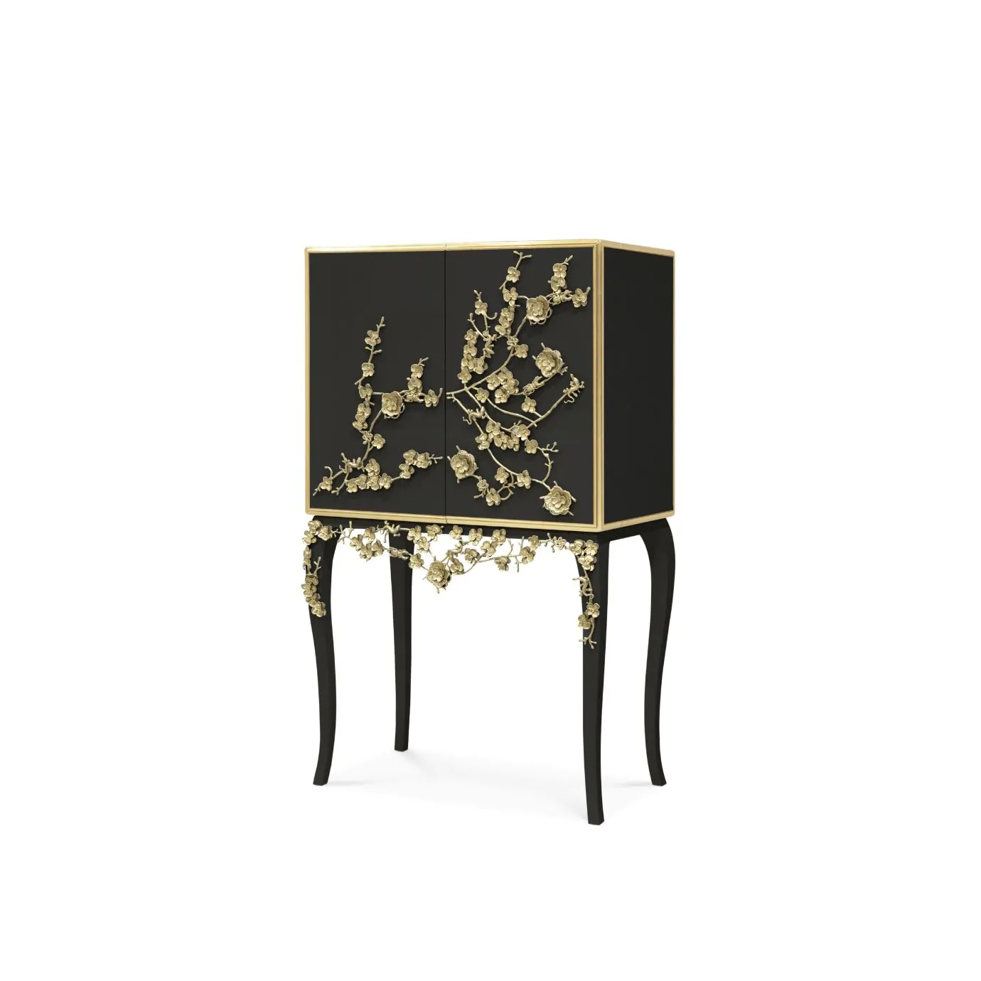 The Spellbound Lacquer Bar Cabinet features an elegant golden frame and golden flower-shaped details on its door elongating to its base.