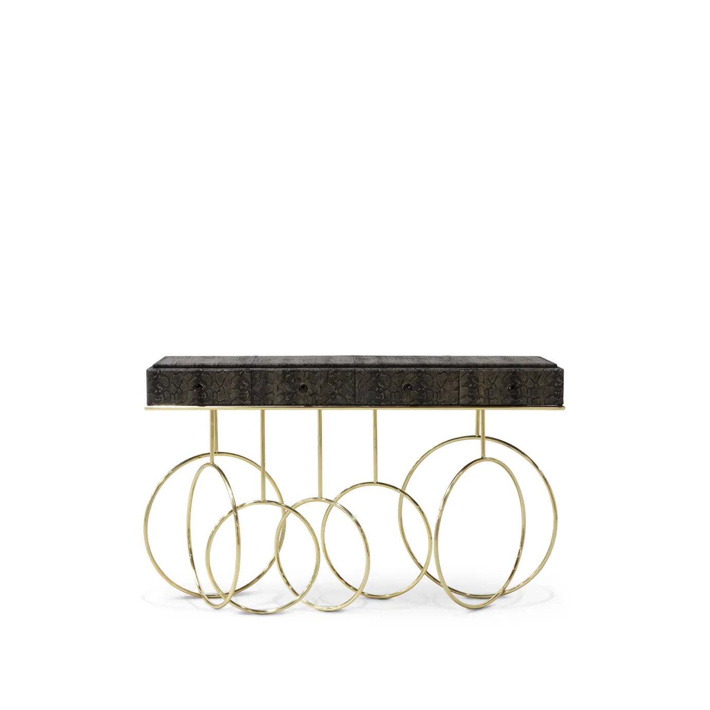 Elegant Burlesque Console with dark textured top and golden intertwined circles base.
