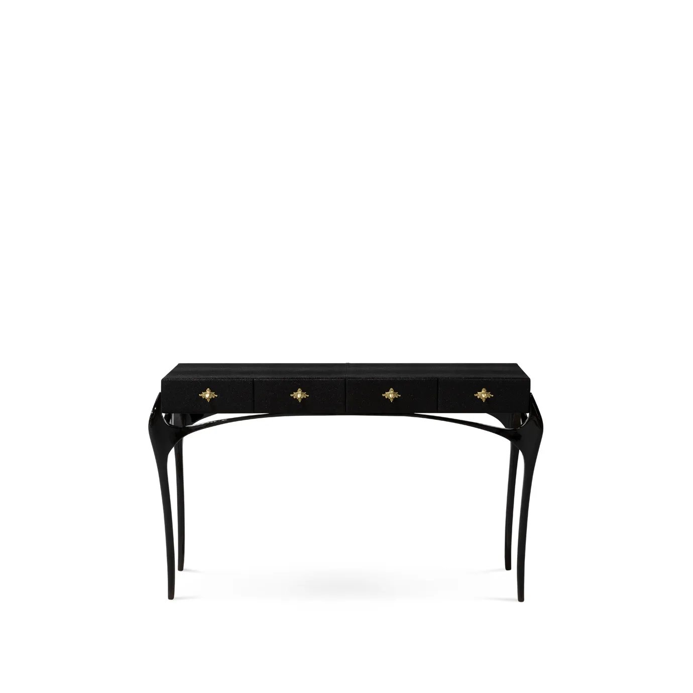 Elegant Temptation Console with a long black tabletop featuring four drawers adorned with decorative golden star-shaped handles, and a frame with curved black legs and a sculptural golden detail at the base.