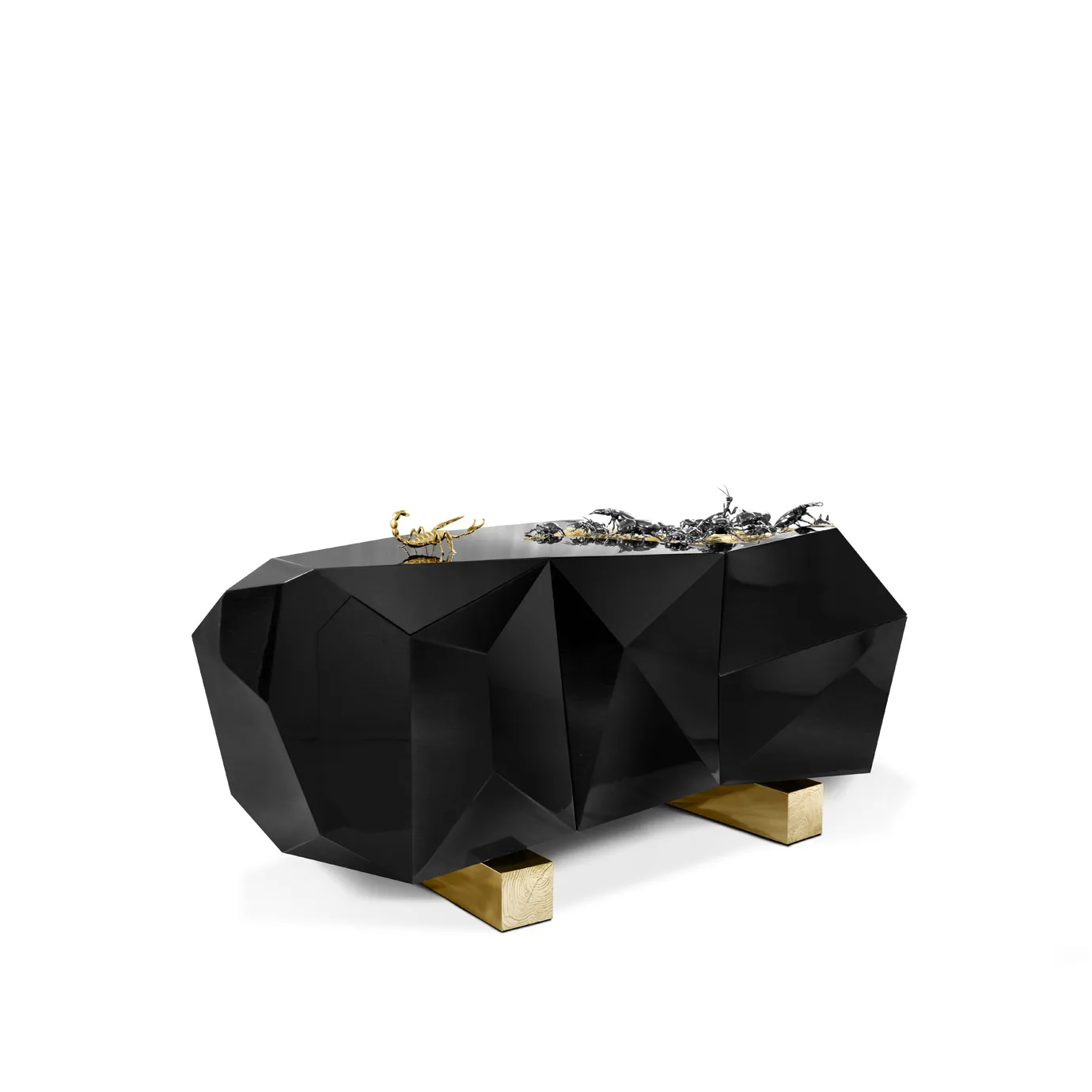 Diamond Metamorphosis sideboard with sculpted black wood and gold insect-inspired details.