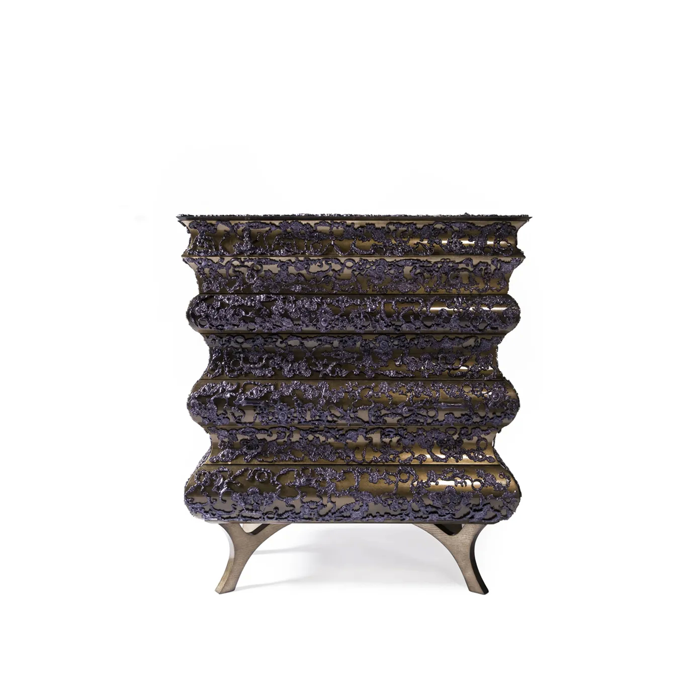 Crochet Chest with golden leaf finish, translucent black varnish, and seven drawers.