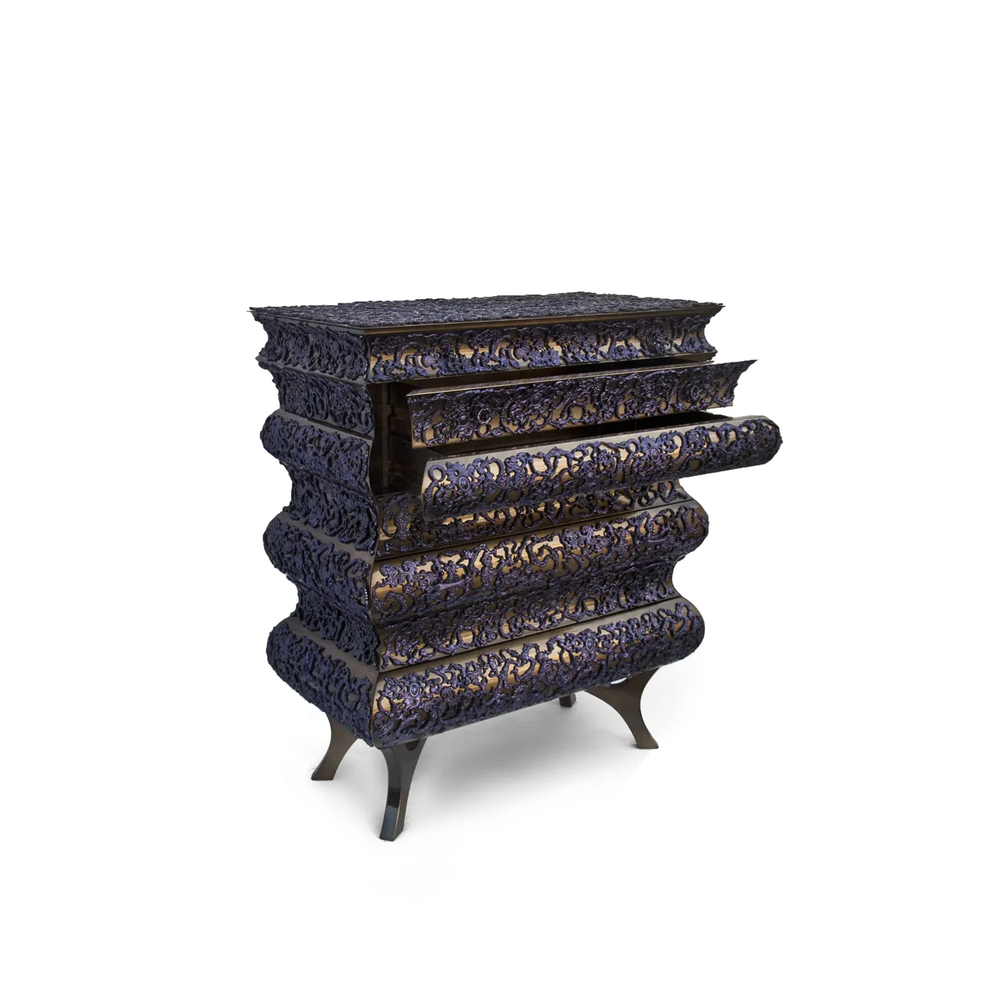 Crochet Chest with golden leaf finish, translucent black varnish, and seven drawers.