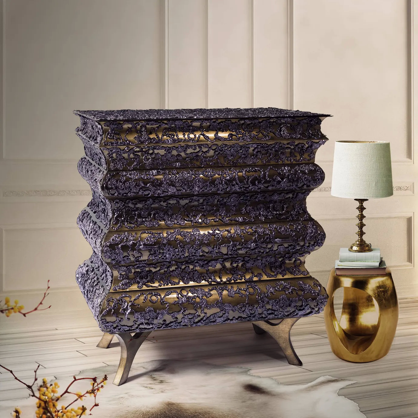 Detailed close-up of drawer corner highlighting hammered gold finish and intricate crochet-inspired pattern.