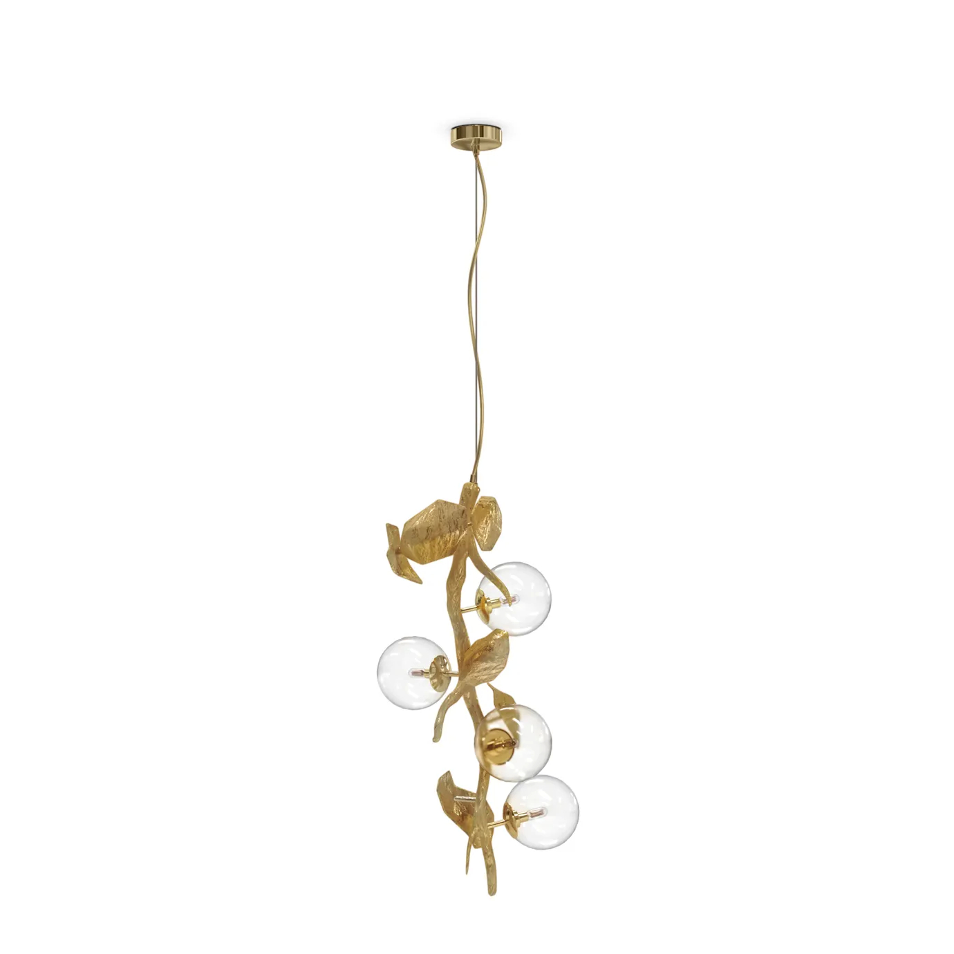 Elegant gold pendant light with layered metal leaves creating a warm, diffused glow.