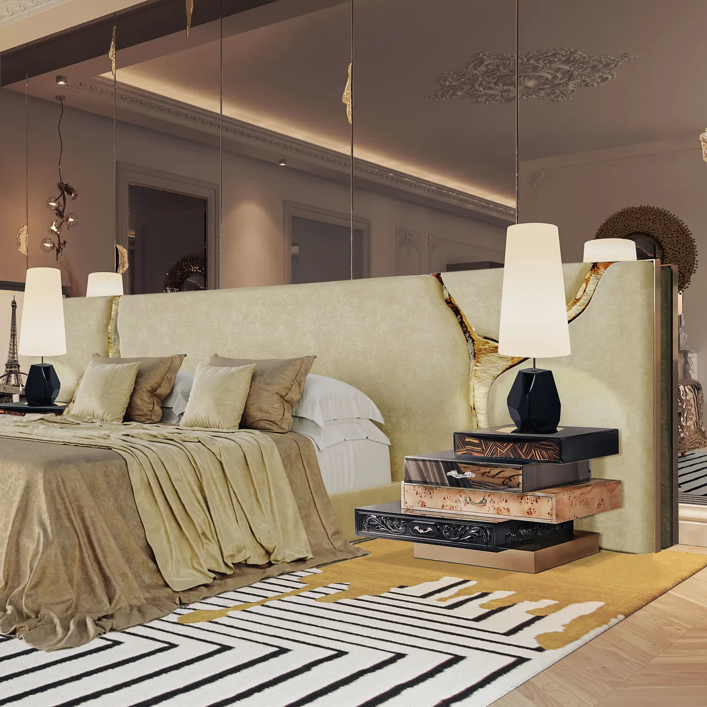 Modern dark wood nightstand in a contemporary bedroom, captured from a low angle to highlight sleek design, clean lines, and minimalist elegance