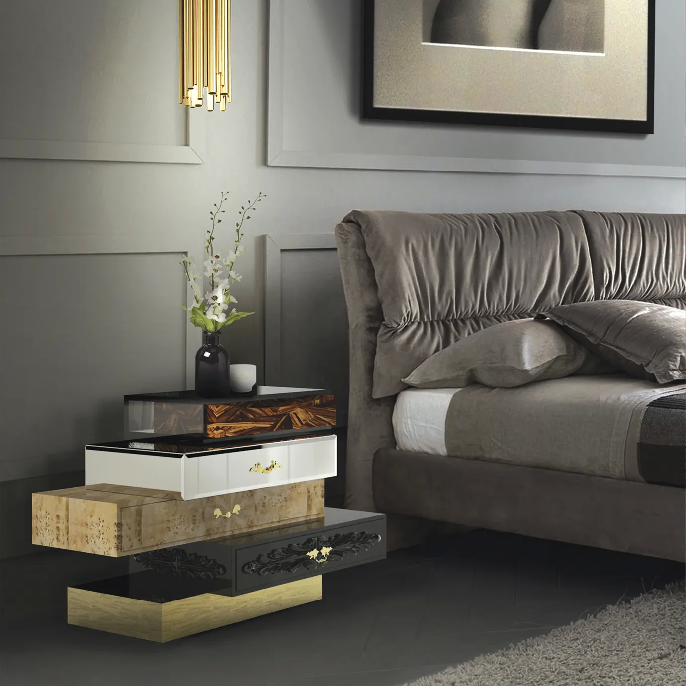 Close-up detail of the Frank Nightstand’s edge, showcasing rich dark wood grain and precise craftsmanship in a minimalist design