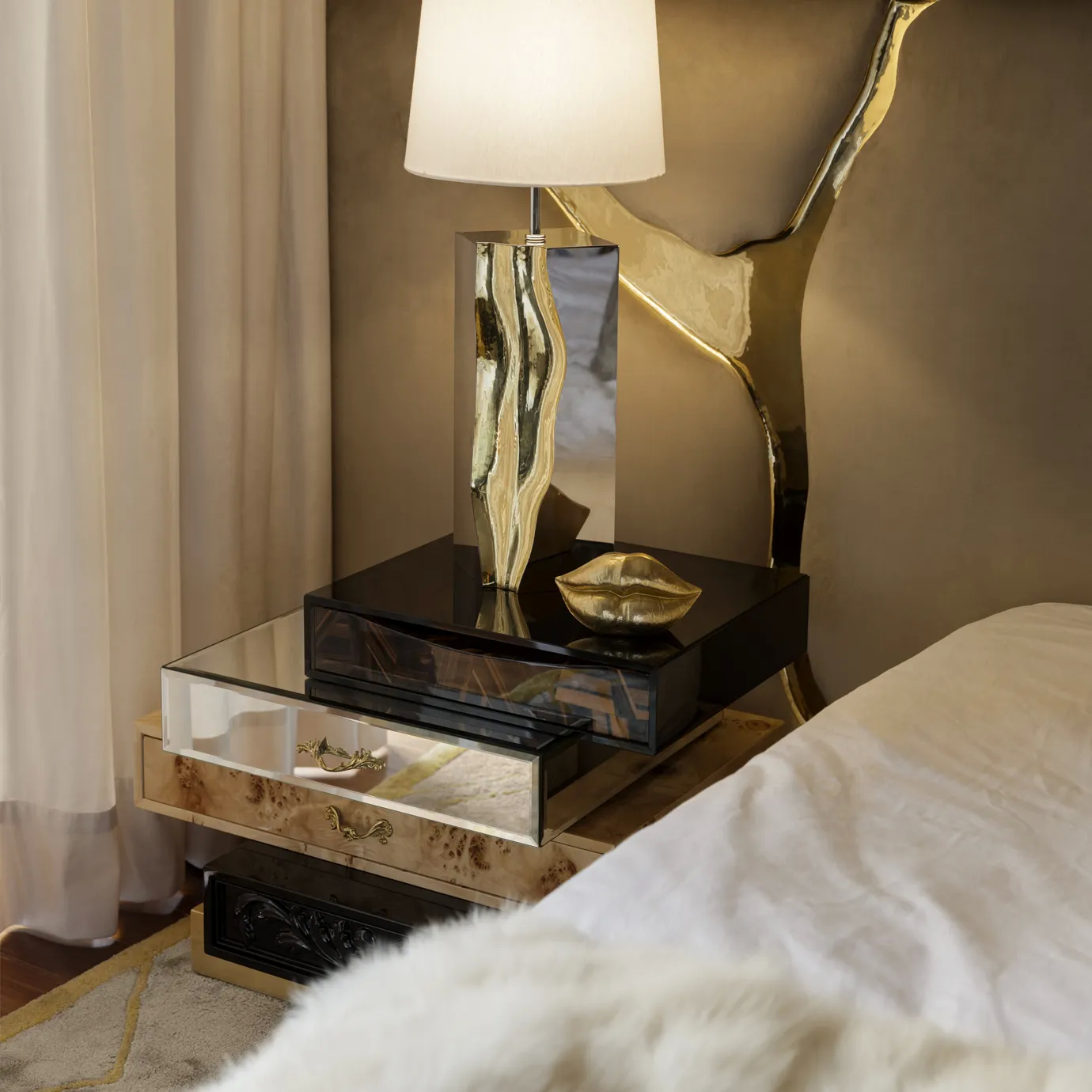 Modern dark wood nightstand placed beside a bed in a contemporary bedroom setting, showcasing minimalist design and functional elegance