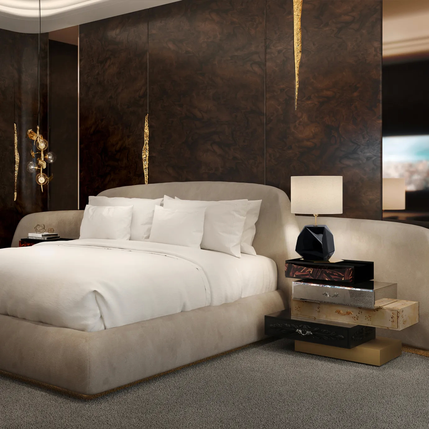 Modern dark wood nightstand in a contemporary bedroom setting, showcasing minimalist design, clean lines, and elegant integration into a stylish interior