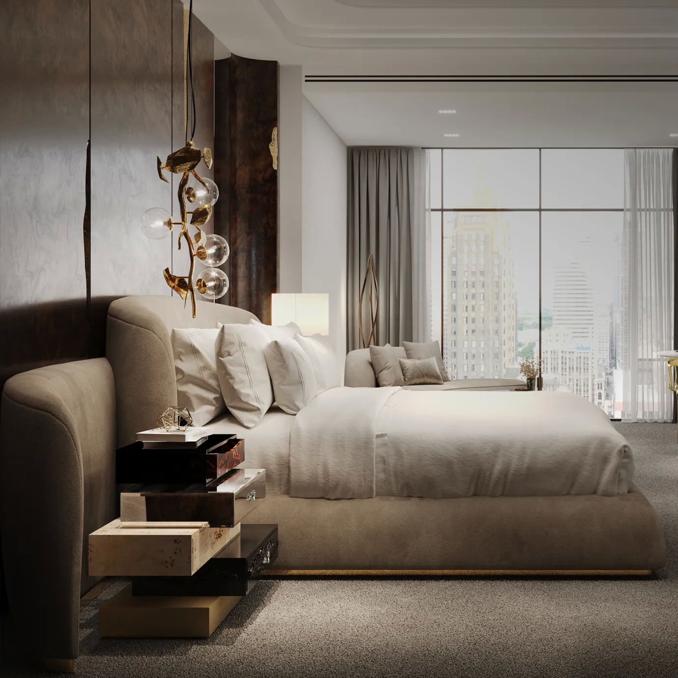 Modern dark wood nightstand viewed from the side, showcasing slim profile, clean lines, and minimalist design in a contemporary bedroom setting