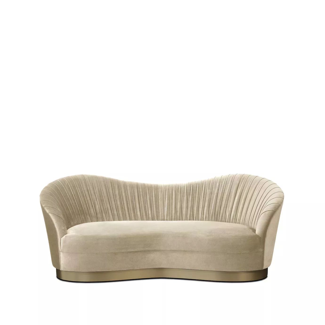 Cream curved luxury sofa with vertical channel-tufted upholstery, rounded Art Deco-inspired arms, and a brushed brass base on a clean white background.