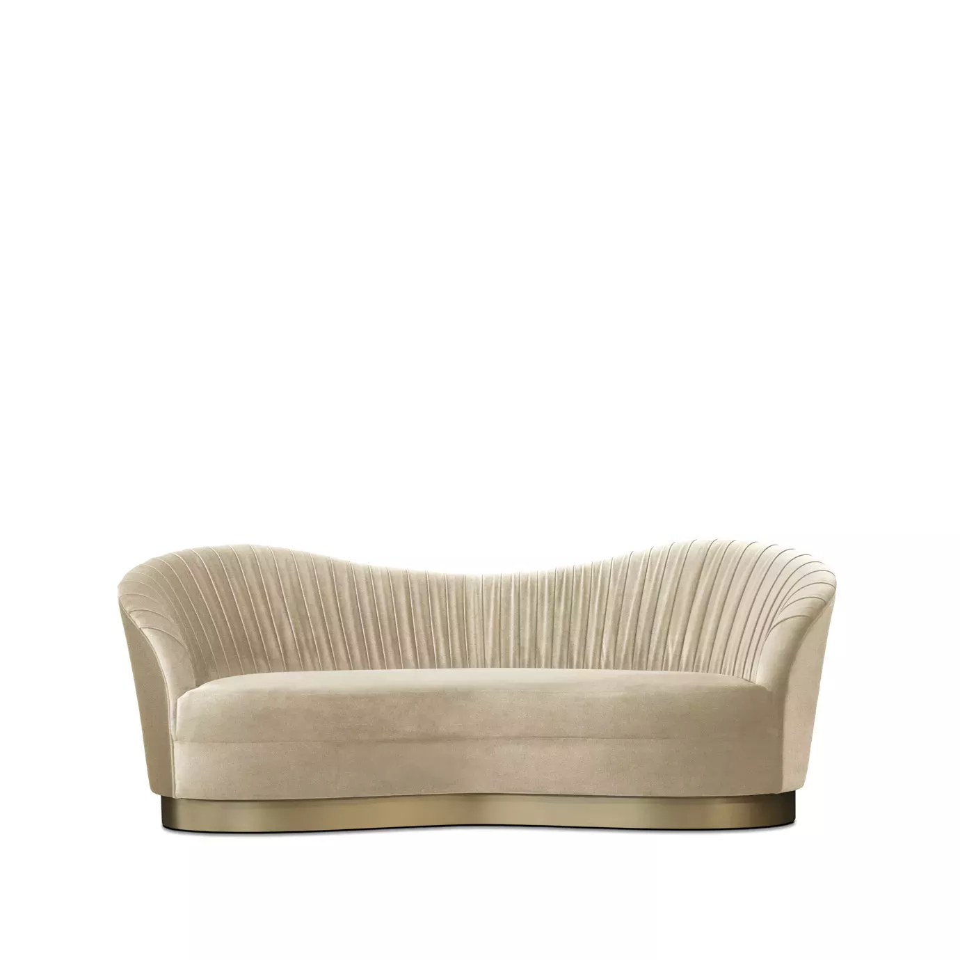 Cream Art Deco-inspired curved sofa with vertical channel-tufted upholstery, rounded arms, and a brushed brass base on a white background.