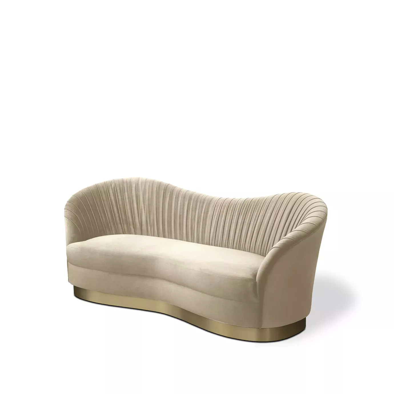Cream curved sofa with fluted channel-tufted upholstery, sculptural rounded arms, and a brushed brass base, photographed in a three-quarter view on a white background.