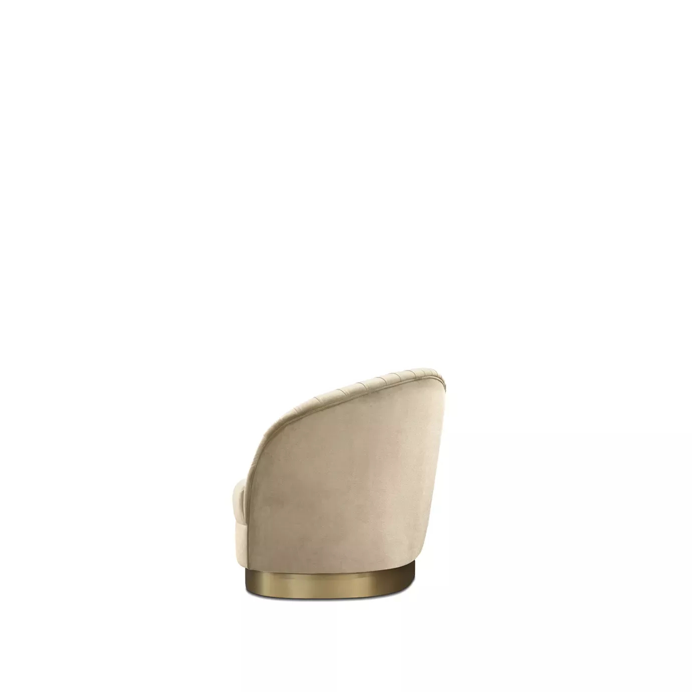 Side view of a cream curved luxury sofa with soft velvet upholstery, rounded Art Deco-inspired silhouette, fluted back detail, and a brushed brass base.