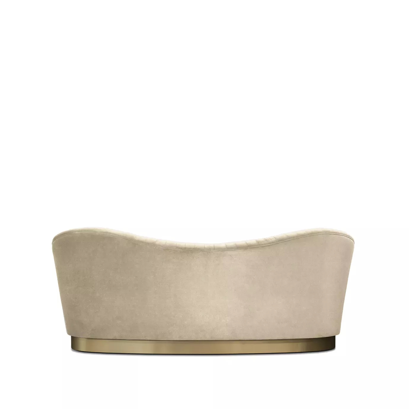 Back view of a cream curved luxury sofa with soft velvet upholstery, a sculptural Art Deco-inspired silhouette, and a brushed brass base on a white background.