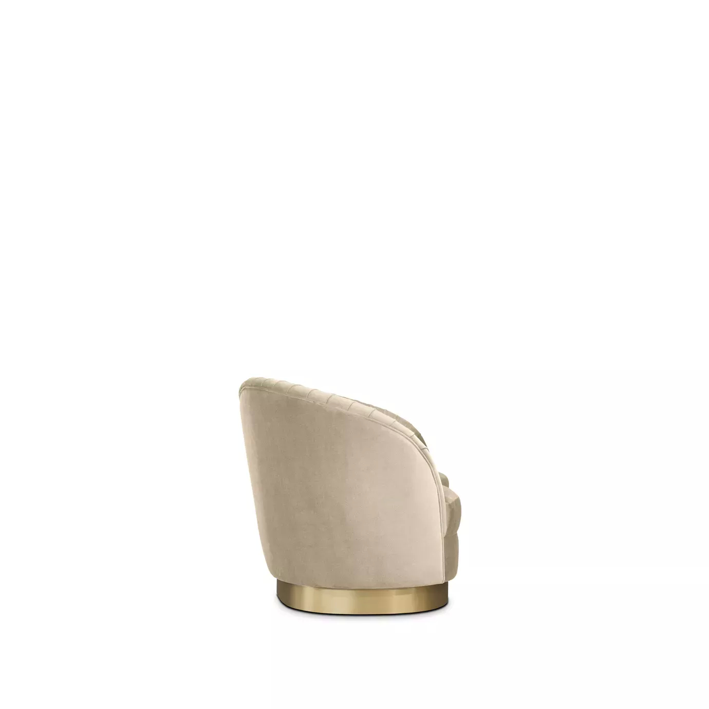 Profile view of a cream curved luxury sofa with soft velvet upholstery, sculptural rounded back, Art Deco-inspired lines, and a brushed brass base.