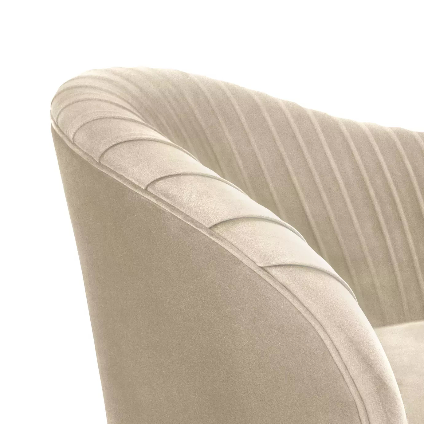Close-up of a cream luxury sofa with soft velvet upholstery, rounded Art Deco-inspired arm, and vertical channel-tufted backrest detail.