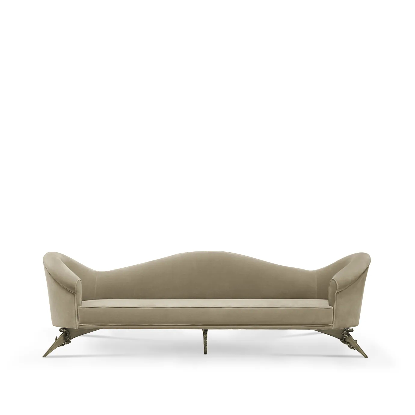 A graceful Colette Floral Metal Base Sofa in a light beige velvet, featuring elegant curves and intricate metallic legs.