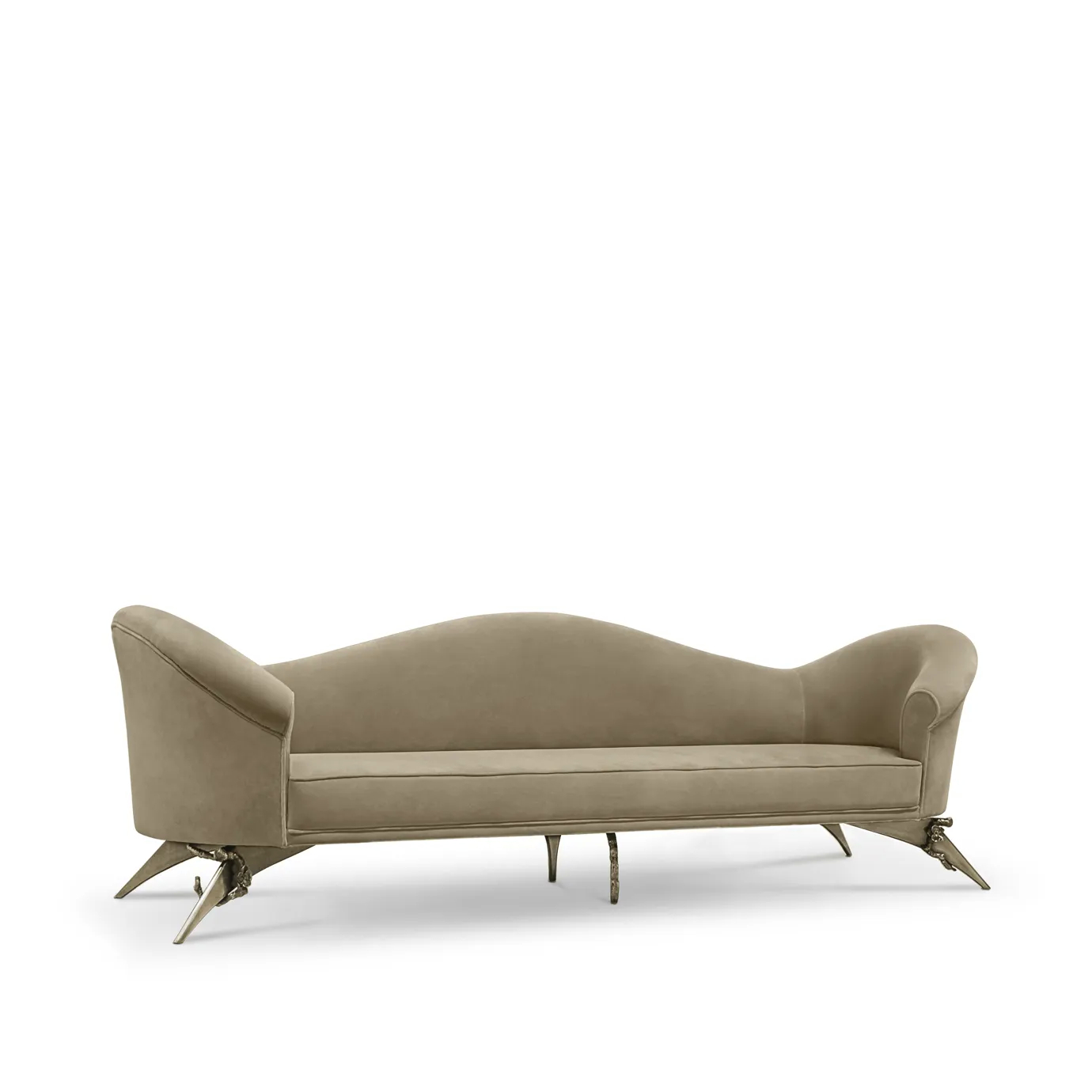 A chic Colette Floral Metal Base Sofa in a neutral tone, showcasing a classic silhouette with a decorative metallic base.