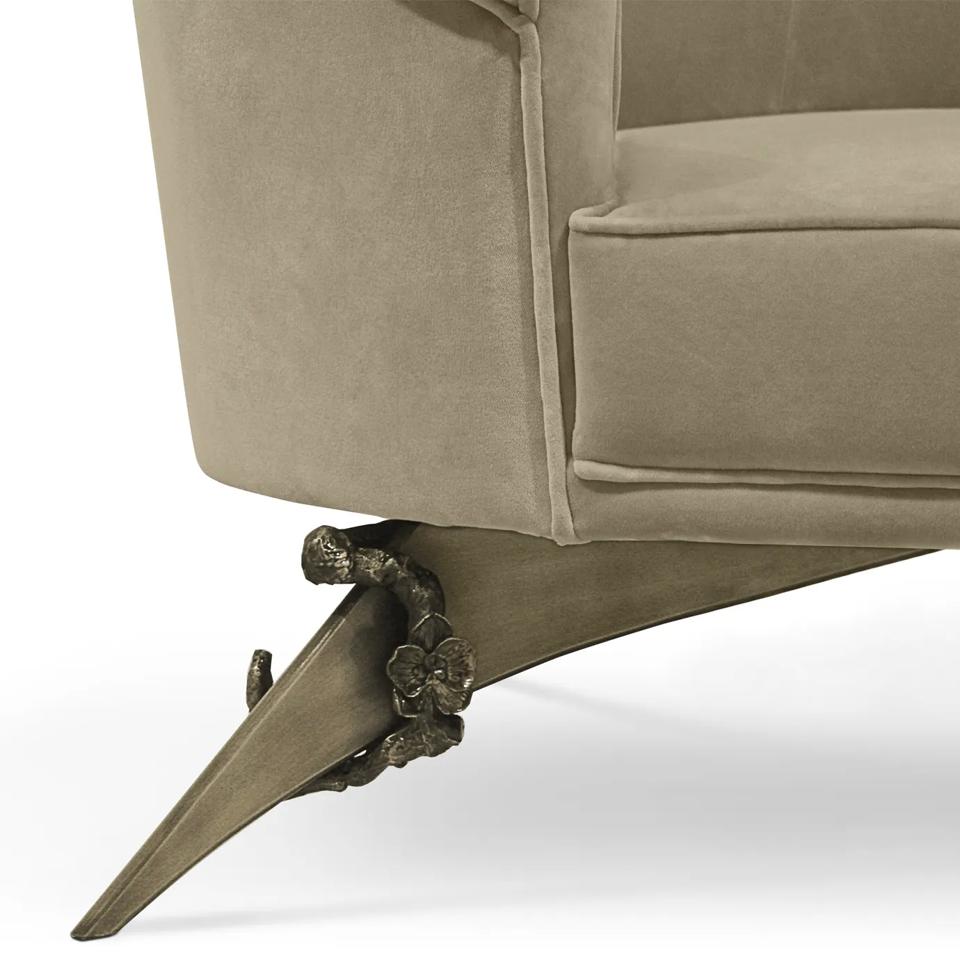 A close-up of the Colette Floral Metal Base Sofa, highlighting its elegant beige upholstery and intricate floral metal base.