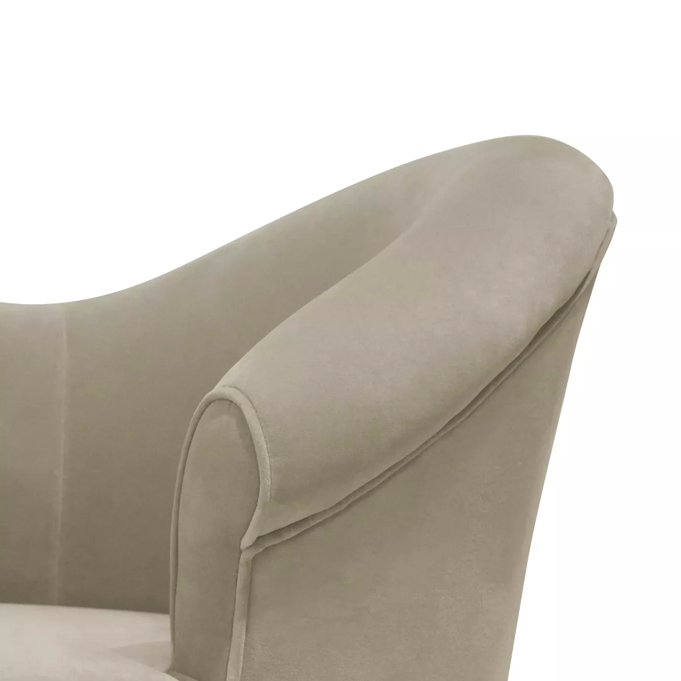A detailed shot of the Colette Floral Metal Base Sofa, showing its gracefully curved armrest and smooth beige fabric.