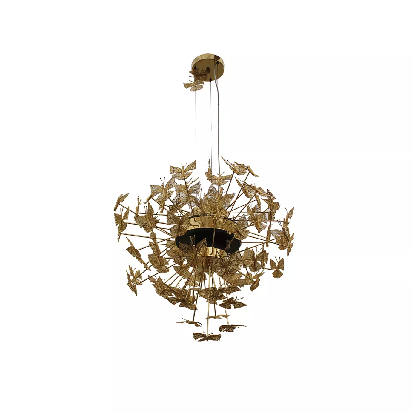 An elegant Nymph Chandelier with numerous gold butterflies suspended, creating a luxurious and ethereal lighting fixture.