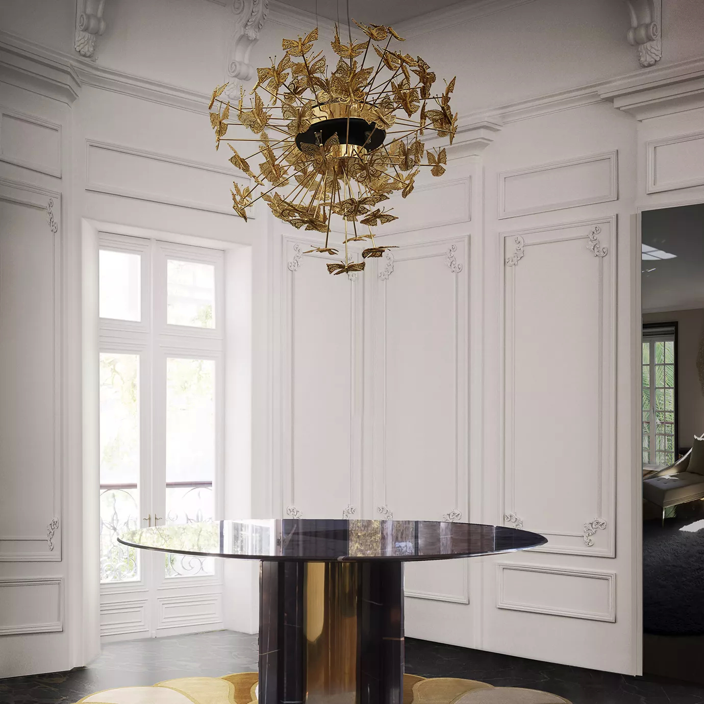 A stunning Nymph Chandelier with gold butterflies hangs above a modern table in a luxurious white room.